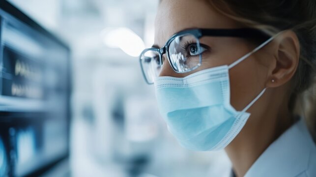 This image features a healthcare professional with glasses and a mask, intently observing medical data on a digital screen, highlighting dedication and professionalism in healthcare. - Powered by Adobe
