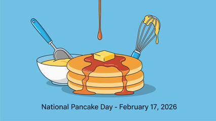 Delicious pancakes with syrup butter and eggs on National Pancake Day
