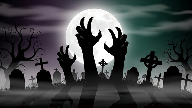 Hands rising from graves in a haunted cemetery under a full moon at night with eerie atmosphere