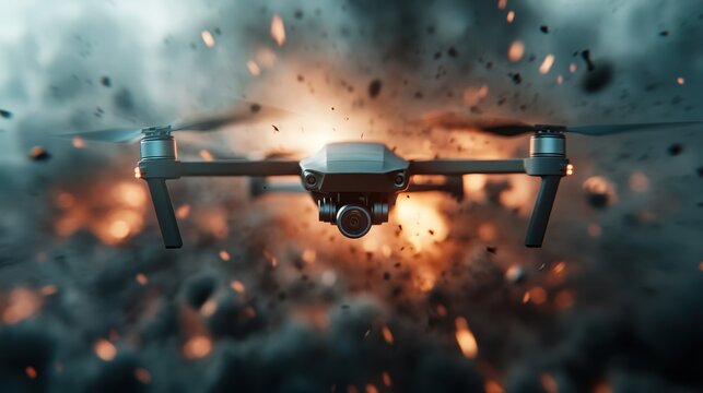 A powerful and dynamic view of a drone taking flight amidst a backdrop of explosive visual effects, symbolizing adventure, technology, and excitement in the modern age.