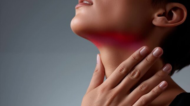Person touching painful throat with red irritation glow on neck showing sore throat inflammation and swallowing discomfort concept