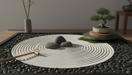 Obraz premium Miniature Zen rock garden with raked white sand, bonsai tree and smooth dark stones for meditation