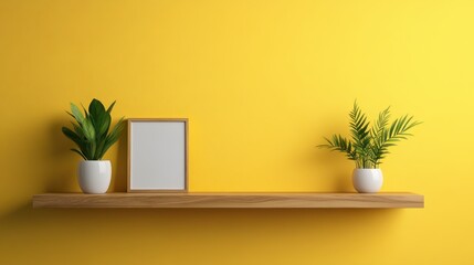 A stylish minimalist shelf adorned with vibrant plants and an empty frame, capturing a modern aesthetic while inspiring creativity and personalization in decor.