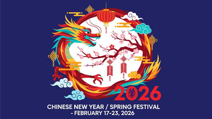 Obraz premium Vibrant Chinese New Year celebration with dragon and cherry blossoms