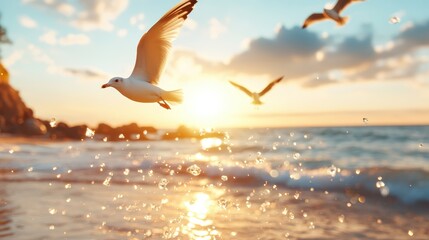 A scenic sunset view featuring seagulls flying over the ocean waves, highlighting the beauty of nature and the serenity of coastal environments.
