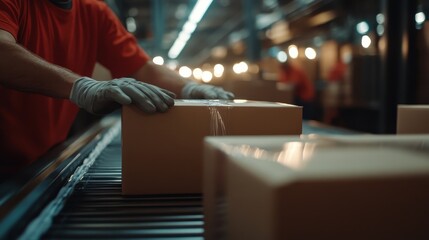 In a busy warehouse setting, a worker is seen packaging boxes on a conveyor belt, highlighting the efficiency and dedication of people in logistics and supply chain management.