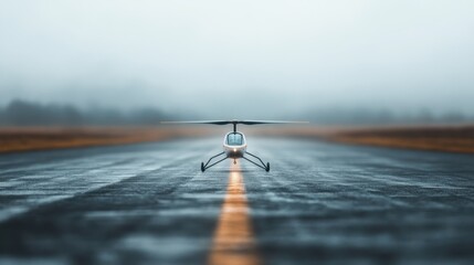 This captivating image captures a helicopter positioned on a runway, enveloped by fog, illustrating the juxtaposition of technology and nature in motion.