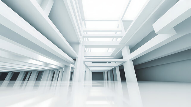 Modern industrial interior with sleek white beams and reflective floor abstract architectural background for design and technology concepts