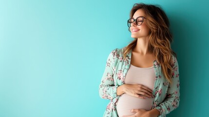 A joyful pregnant woman in glasses gently cradles her baby bump while smiling, against a turquoise background, embodying motherhood and the beauty of new beginnings.