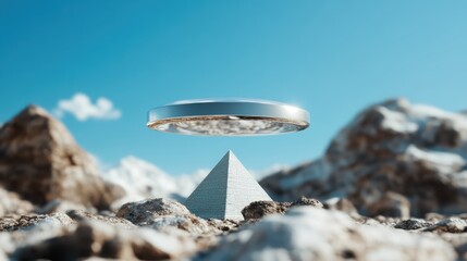 A mesmerizing futuristic setting featuring a floating pyramid, enhanced by a transparent lens hovering above, conveying themes of mystery and innovation in art and technology.