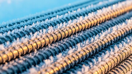 Frost crystals cover rebar rods, reflecting golden sunlight. Winter morning concept for seasonal background or construction material.