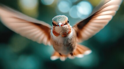 Obraz premium A stunning capture of a hummingbird flying gracefully, showcasing its iridescent feathers and delicate beauty, symbolizing agility and the beauty of nature.