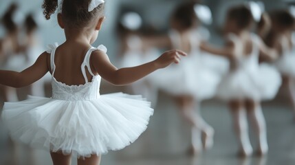 A young ballerina practices gracefully, showcasing elegance and poise in her white tutu against a soft, dreamy backdrop, highlighting the beauty of dance and childhood.