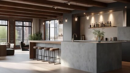 A stylish kitchen highlighting a concrete island with industrial elements, paired with sleek metal stools, creating a trendy space for social gatherings and cooking adventures. cinematic color