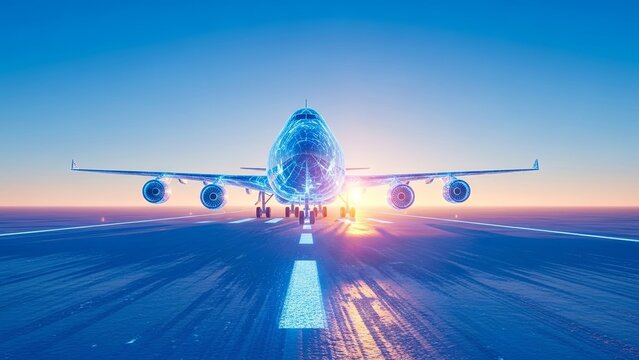 Digital airplane model on runway. Futuristic aircraft wireframe rendering. Technology aviation, data flight system, engineering concept.