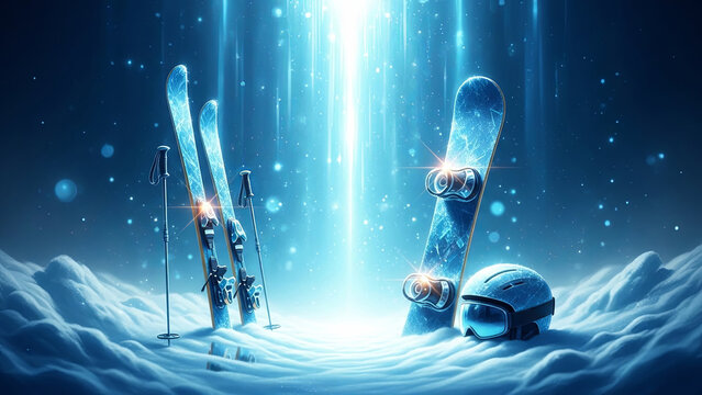 Skies and snowboard in deep snow with glowing blue light, ready for winter sports concept or Christmas holiday design.