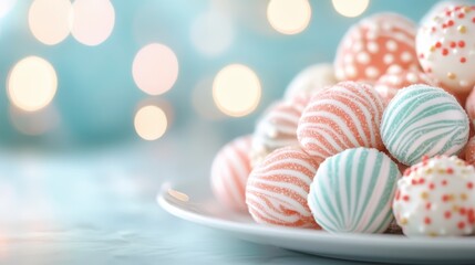 A delectable assortment of colorful, sugary confections arranged on a white plate, evoking feelings of nostalgia, sweetness, and playful indulgence for dessert lovers.