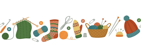 Seamless border with knitting elements. Horizontal pattern with yarn skeins, buttons, sock, mitten, crochet hook, needles, scissors, basket etc