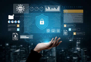 A hand reaches toward a digital interface showcasing security elements and AI graphics. The futuristic city backdrop emphasizes themes of technology and data protection. Gantry