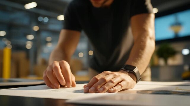 Above table top view of hands of a warehouse worker preparing orders on a table, structured layout highlighting fulfillment tasks, logistics planning, and operational precision. cinematic color
