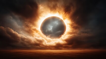 Obraz premium A captivating view of a solar eclipse framed by dark, roiling clouds, creating a dramatic contrast with the glowing light surrounding the eclipsed sun at the horizon.