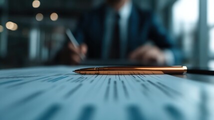 Obraz premium An image of a business professional poised with a pen over a document, symbolizing focus and determination in a corporate environment. The soft background enhances the subject's intensity.