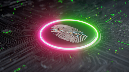 Digital fingerprint authentication glowing with neon lights on futuristic technology circuit board representing advanced biometric security system concept