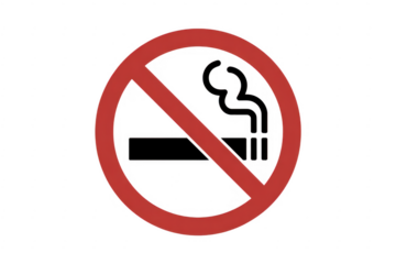 Red circle with a line through a smoking cigarette on black isolated on a transparent background