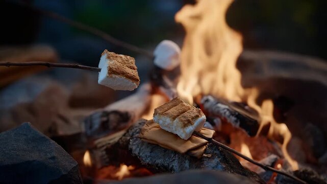 Close-up of the vibrant flames of a campfire crackling and glowing brightly in the dark, creating a comforting atmosphere as family members toast s'mores and create unforgettable memories.