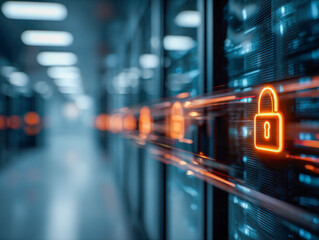 Digital security concept with glowing padlock icons over blurred data center racks representing network protection and cyber defense technology