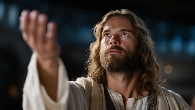 Jesus Christ reaching out in a moment of blessing, open hand and serene posture representing divine mercy, unconditional love, spiritual comfort, and religious devotion. cinematic color correction,