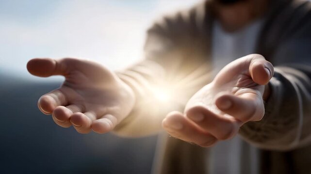 Jesus&rsquo; hands reaching out from a soft luminous background, peaceful glow conveying mercy, guidance, protection, and unconditional spiritual love. cinematic color correction, natural uneven lighting