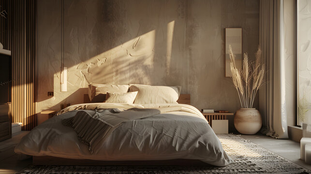 STWO style monochrome bedroom, layered tactile textures, plaster walls, linen bedding, sculptural bedside tables, soft shadows, muted beige palette, quiet luxury aesthetic, ultra realistic interior