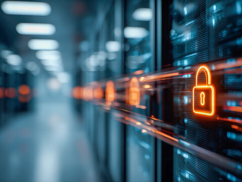 Digital security concept with glowing padlock icons over blurred data center racks representing network protection and cyber defense technology - Powered by Adobe