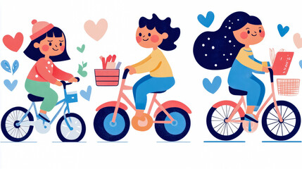 Naklejka premium Three joyful women riding bicycles, surrounded by hearts and natural elements, depicting friendship, healthy lifestyle, and happy outdoor moments in vibrant, modern illustration style.