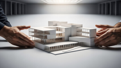 Architects Hands Examining Detailed Building Model in Studio