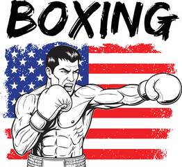 A dynamic illustration of a determined boxer delivering a powerful punch against a backdrop of the American flag, embodying strength and patriotism. 