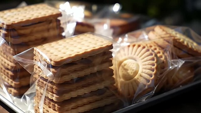 Assorted chocolate wafer cookies packaged in clear plastic bags on a display shelf