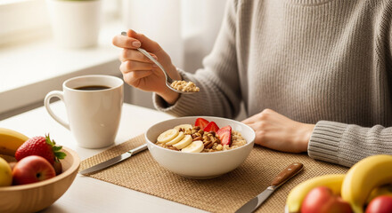Woman eating oatmeal porridge with banana, strawberries and nuts. Healthy breakfast at the sunny morning kitchen table