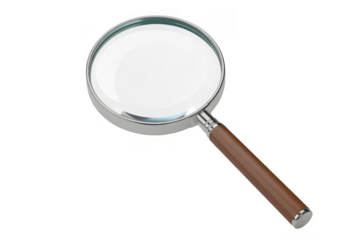 Magnifying glass with brown handle silver rim isolated on a transparent background