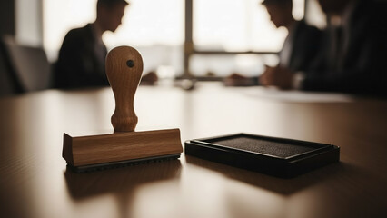 Rubber Stamp and Ink Pad on Conference Table with Business Meeting in Background