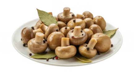 Marinated mushrooms on plate food white isolated on a transparent background