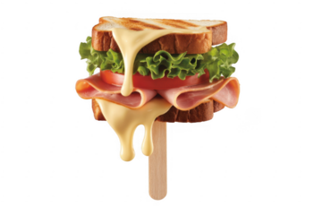 Melting sandwich with cheese and ham melting cheese isolated on a transparent background