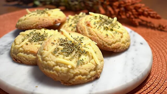 Assorted round pistachio-topped shortbread cookies displayed on a white marble plate in a warm rustic setting