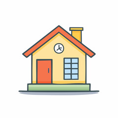 Fototapeta premium Illustration of a simple house with a chimney, a clock, a door and a window with blue frames