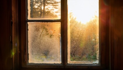 sunlight streaming through an old slightly dirty window with frosted glass highlighting dust particles and creating a warm nostalgic atmosphere indoors