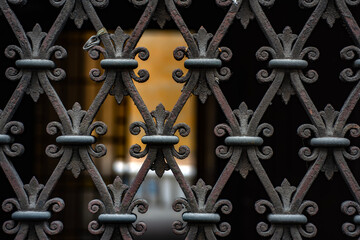 Iron gate with vintage pattern. Metal grid with ornamental details. Artistic iron design in historical style. Metal pattern. Antique gate. Iron fence. Old decorative metalwork with textured surface.