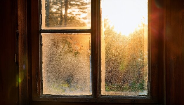 sunlight streaming through an old slightly dirty window with frosted glass highlighting dust particles and creating a warm nostalgic atmosphere indoors