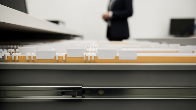 Close Up of Office Filing Drawer with Dividers and Businessperson in Background