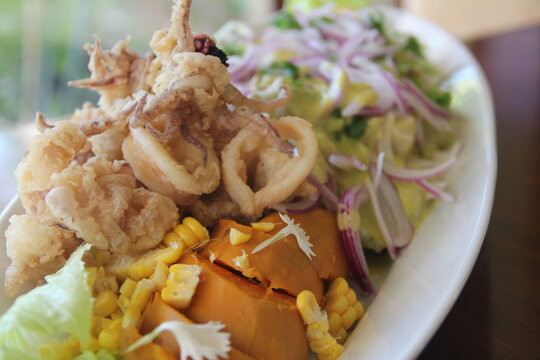 Peruvian street-style ceviche with lenguado and crispy fried calamari